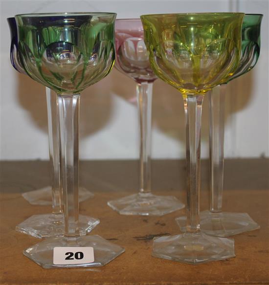 Set 6 coloured bowled hock glasses